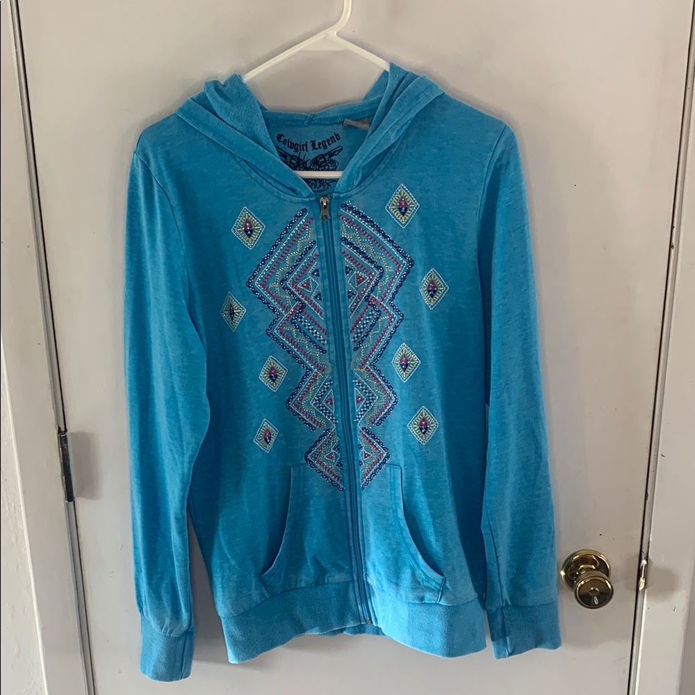 Cowgirl Legend turquoise embroidered zip up hoodie jacket with studs Size XL